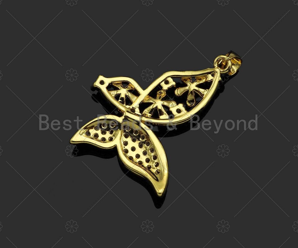 Gold Filled CZ Micro Pave Flower On Butterfly Shape Pendant, 18K Gold Filled ButterflyCharm, Necklace Bracelet Pendant,28x35mm,Sku#LD100
