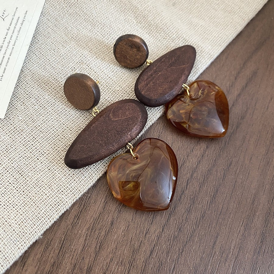 Handmade Maillard Aesthetic Earrings, Amber Resin Irregular Square Studs With Gold Tone Border, Retro Unique Button Jewelry, Gift For Her
