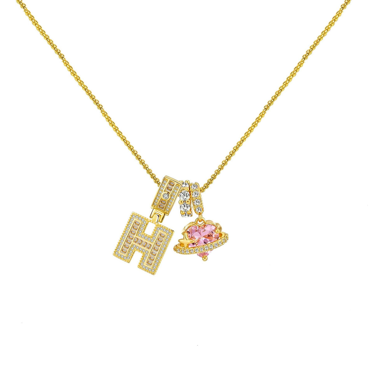 Gold-Plated Copper Planet Heart Pendant Necklace With Diamonds