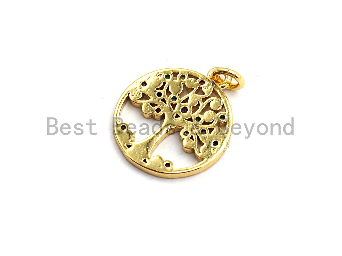 CZ Colorful Micro Pave Round With Tree Pendant, Tree Pave Pendant/Charm, Gold plated, 14x16mm, Sku#F759