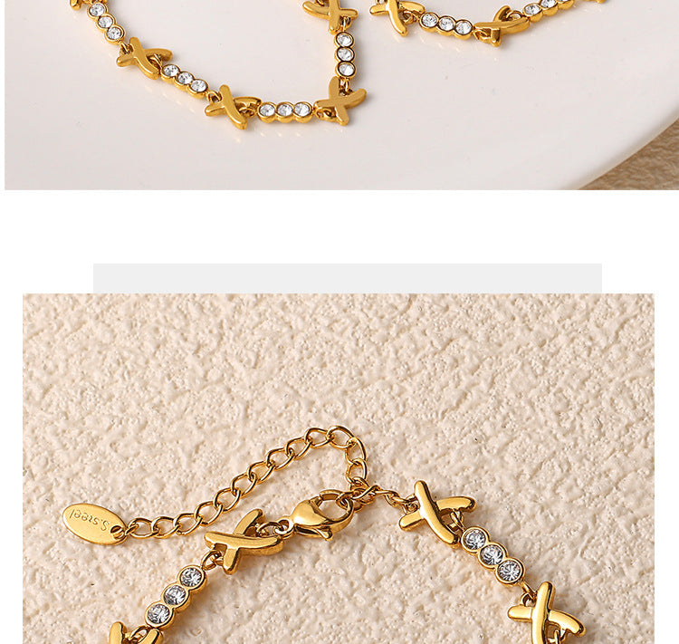 X-shaped Diamond-studded Necklace Set For Ladies - Luxurious And High-end, Featuring A Sparkling Array Of Diamonds And A Stainless Steel Bracelet Accessory.