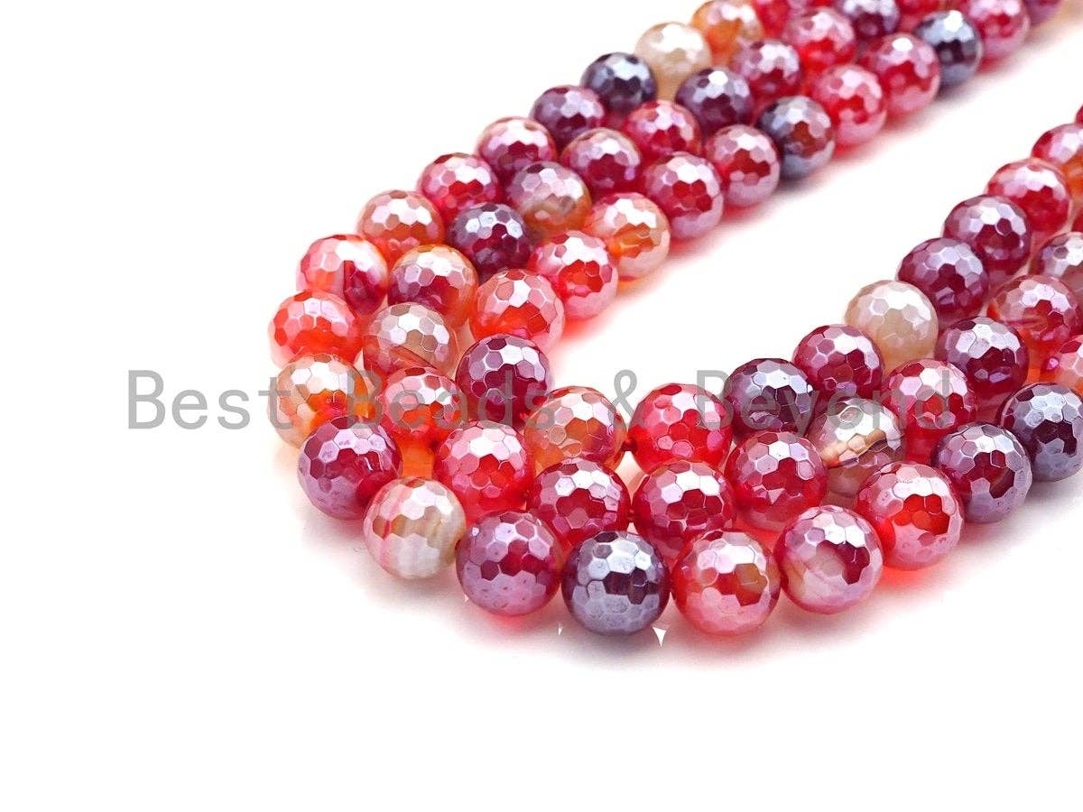 Mystic Plated Faceted Agate Beads,6mm/8mm/10mm,Plated Red Orange Banded Agate Beads,15.5" Full Strand, SKU#UA77