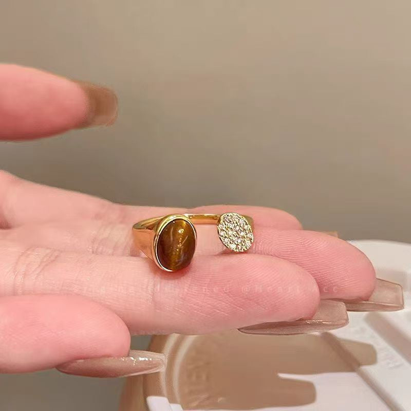 Maillard Tiger Eye & Zircon Ring For Women, 2026 New Style, Light Luxury High-End Index Finger Ring, Fashion Personality Band