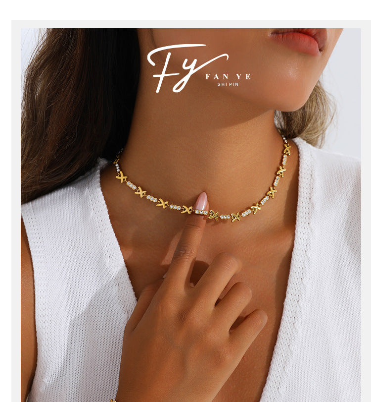 X-shaped Diamond-studded Necklace Set For Ladies - Luxurious And High-end, Featuring A Sparkling Array Of Diamonds And A Stainless Steel Bracelet Accessory.