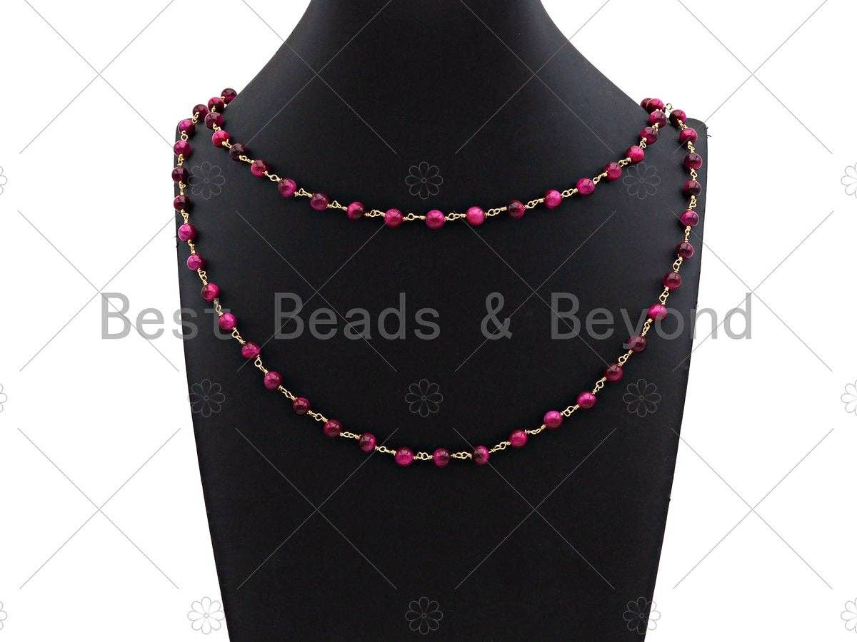 Purple/Galaxy/Fuchsia/Multicolor High Quality Tiger Eye Rosary Chain, 6mm Beaded Chain, Wire Wrapped Gold Chain, Sku#V77