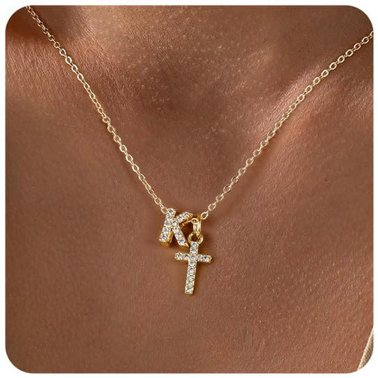 Zircon Inlaid 26 Letter Cross English Necklace