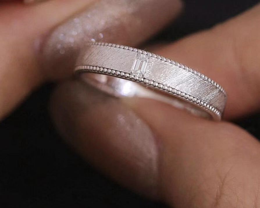 Vintage Baguette Cut CZ Band Ring, Textured Milgrain Edge Plated Silver Statement Ring For Women
