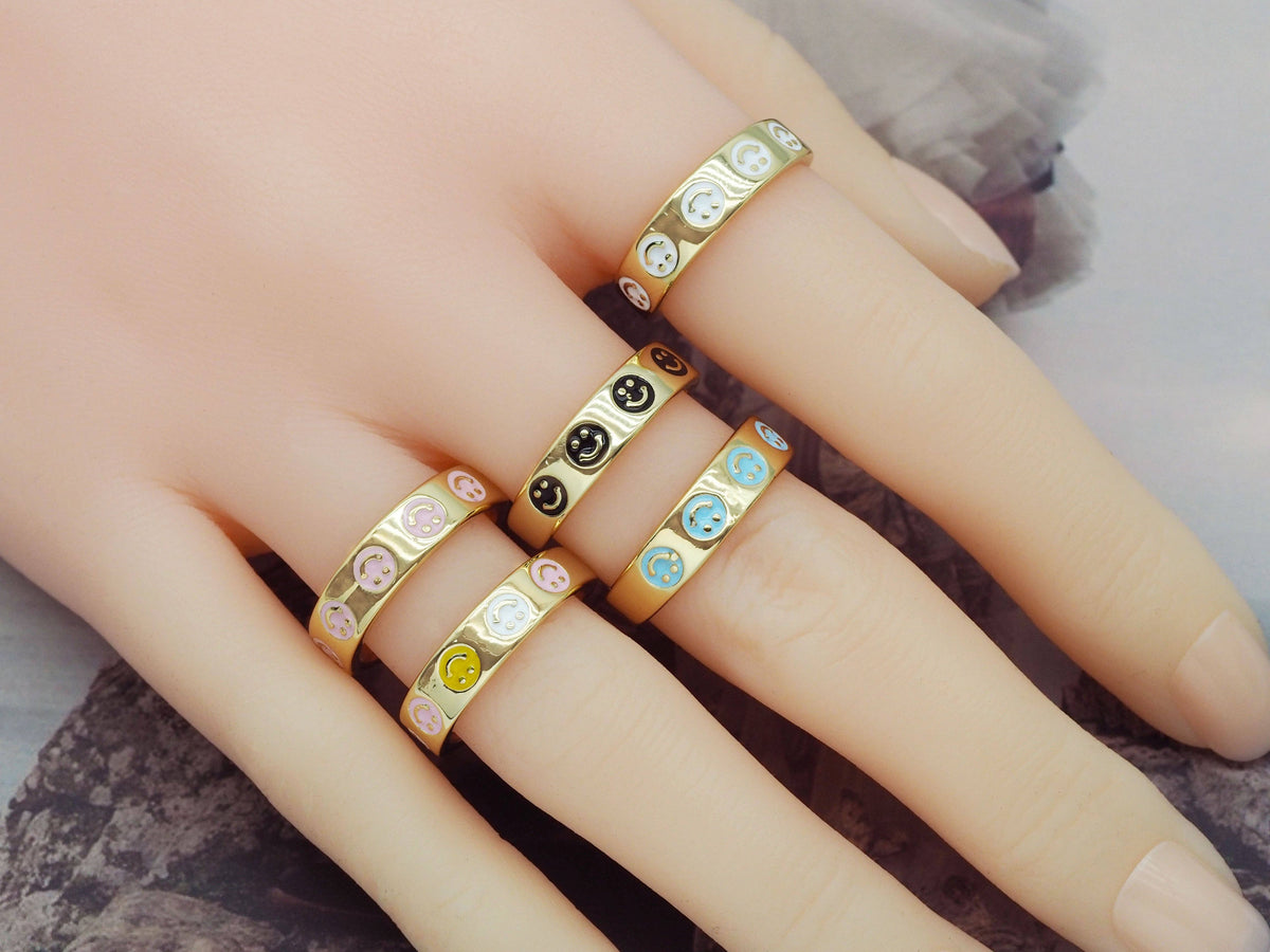 Enamel Smiley Face Adjustable Ring, Sku#B229