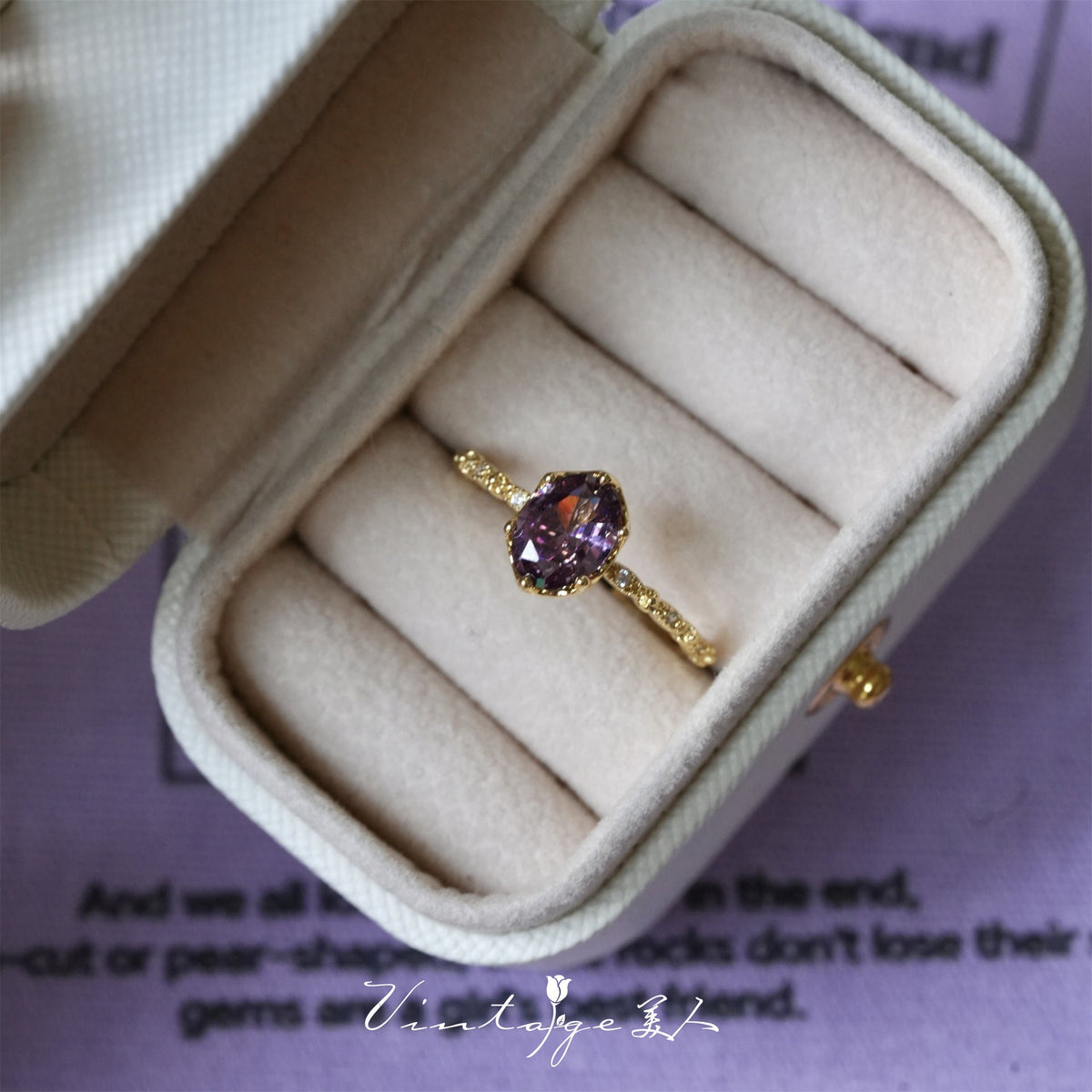 French Retro High-End Gentle Light Luxury Micro-Set Sparkling Purple Zircon Open Ring