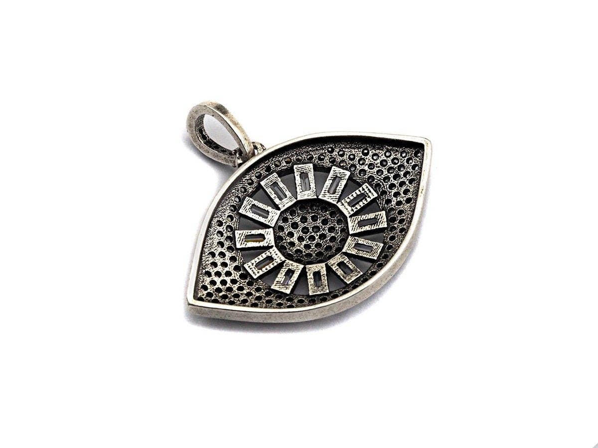 CZ Micro Pave Evil Eye Pendant, Antique Silver Tone, Clear Cubic Zirconia Big Pave Evil Eye Charm Pendant, 33x24sku#F981