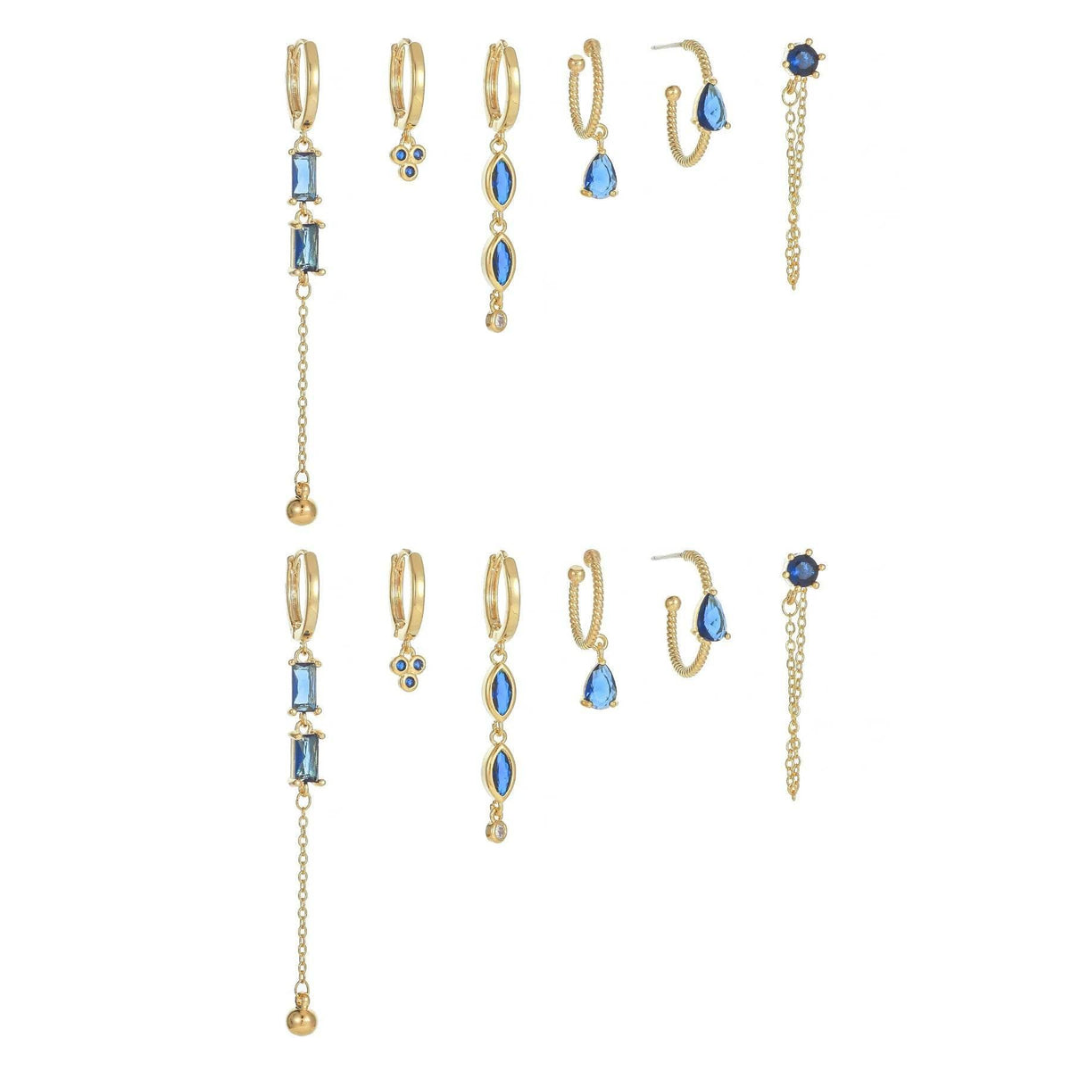 Stacking 6 Pieces Long Tassel Vintage Earring Set with Micro-Pavé Dazzling Blue Zircons, 18k Gold Plated Ear Studs & Ear Drops, S925 Needle