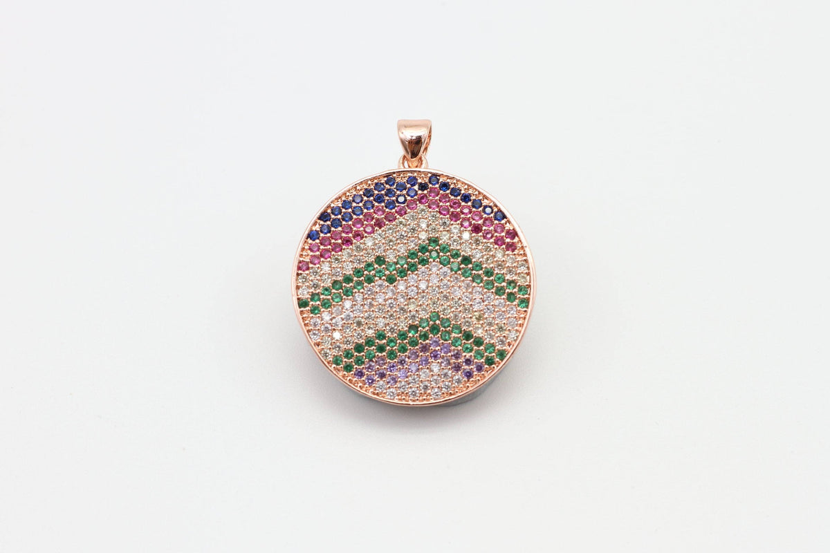 CZ Micro Pave Mixed Color Zigzag Round Disc Pendant, Cubic Zirconia Necklace Pendant, 25x31mm, sku#F3