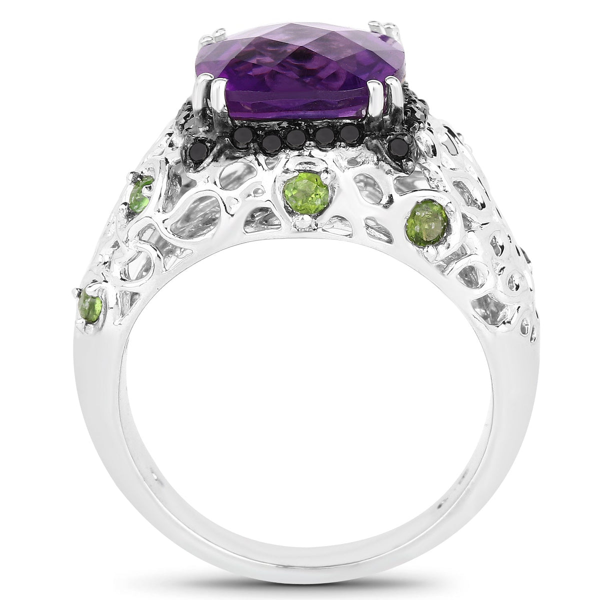 3.27 Carat Genuine Amethyst, Chrome Diopside & Black Diamond .925 Sterling Silver Ring