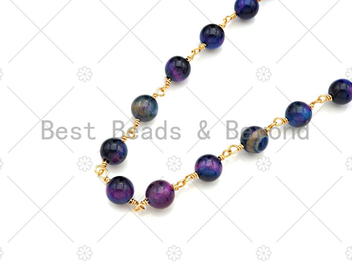Purple/Galaxy/Fuchsia/Multicolor High Quality Tiger Eye Rosary Chain, 6mm Beaded Chain, Wire Wrapped Gold Chain, Sku#V77