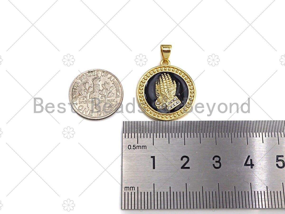 CZ Micro Pave Enamel Prayer Hand Pendant, 3D Embossment Hands Charm, Coin Jewelry, 19mm,sku#LK03