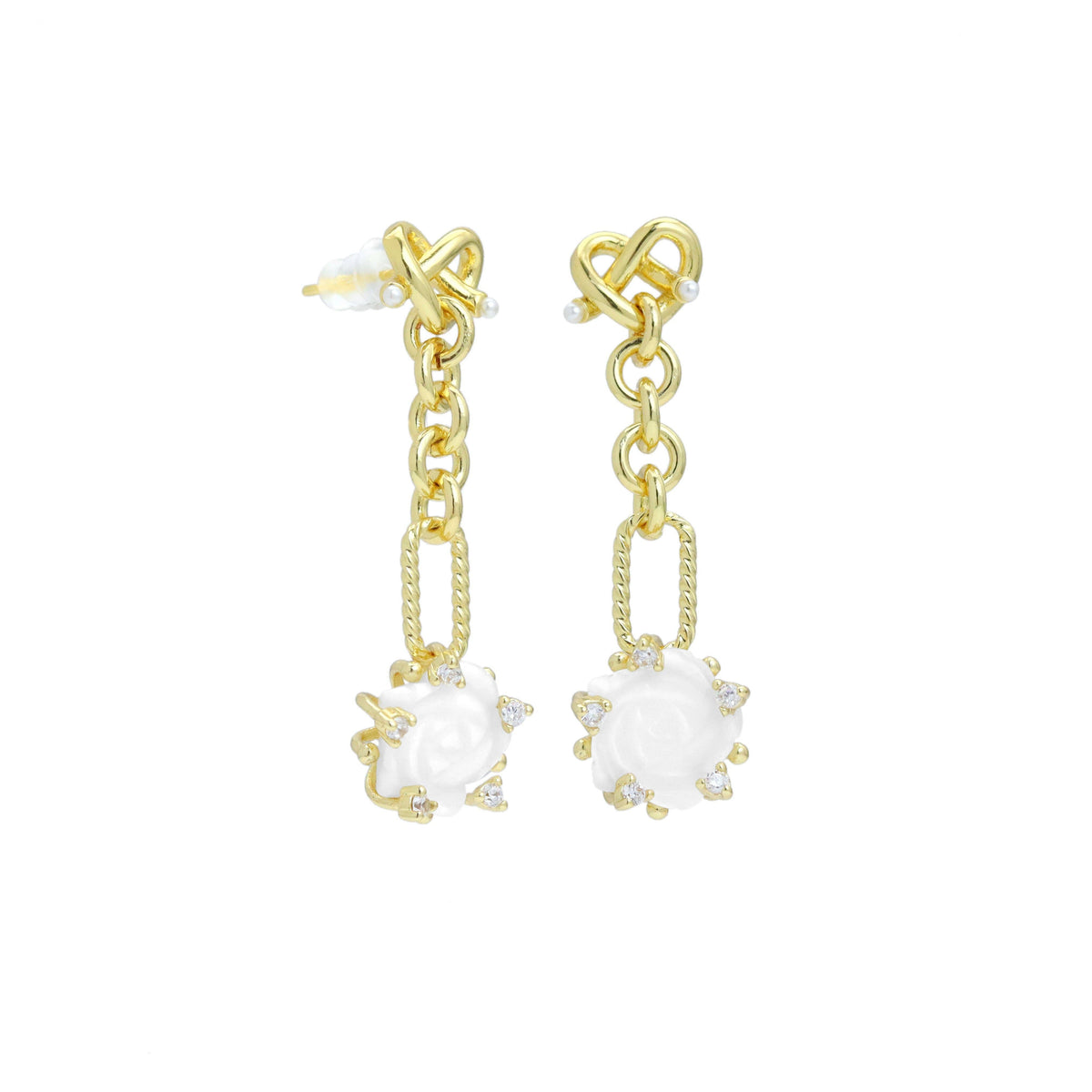 White Mother of Pearl Rose Flower Heart Gold Stud Earring, SKU#Y992