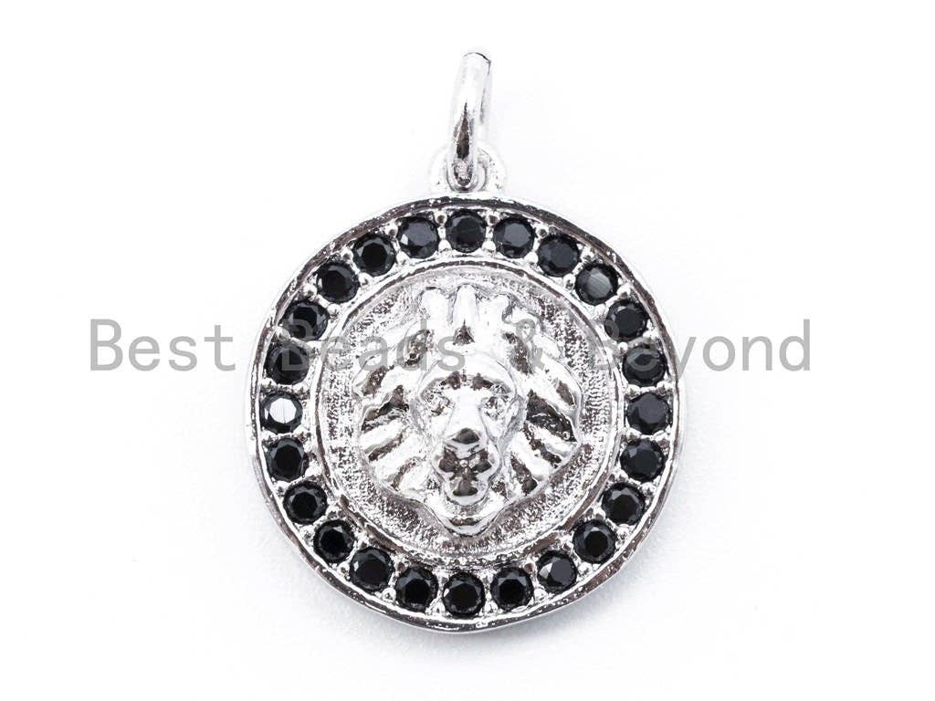 Black CZ Micro Pave Lion Head Round Pendant/Charm, Cubic Zirconia Men's Bracelet Charm Pendant,15mm,1pc/2pcs,  sku#F169