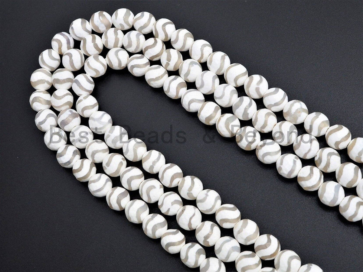 Quality Dzi White Agate beads, Round Faceted Wavy Lines, 6mm/8mm/10mm/12mm, Tibetan beads, White Lace Agate Beads, 15.5inch strand, SKU#U402