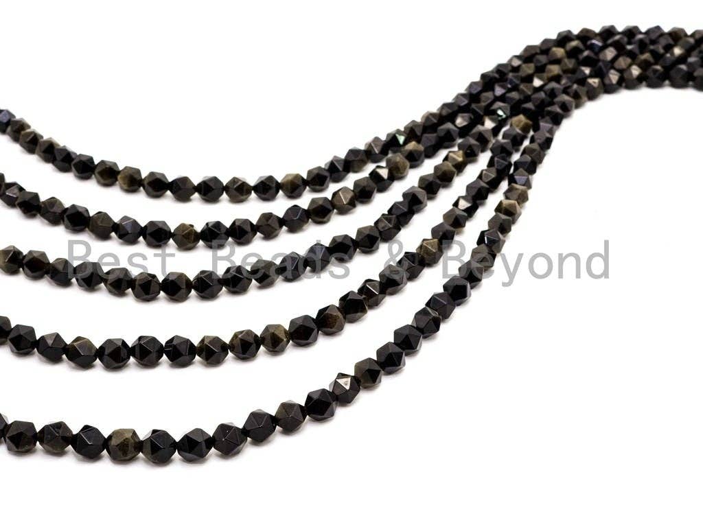 Unique Cut Quality Natural Golden Obsidian beads, 6mm/8mm/10mm/12mm, Diamond Cut Faceted Round Gemstone Beads, 15inch strand, SKU#U40