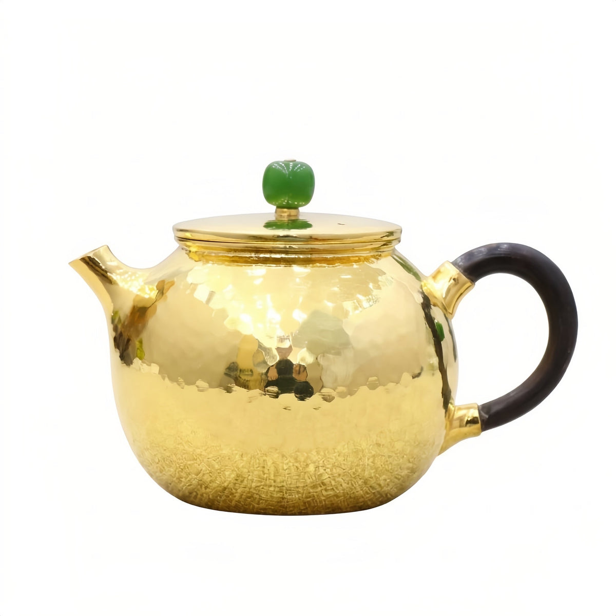 Pure 999 Fine Silver Hammered Metallic Teapot Featuring Green Jade Finial and Elegant Dark Wood Handle - Handicraft