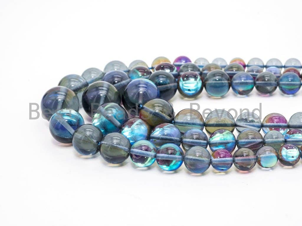 Superb 6-16mm Graduated Blue Flashy Rainbow Manmade Moonstone Graduated Strand, Blue Round Smooth Moonstone, 15.5inch Full strand, SKU#U80