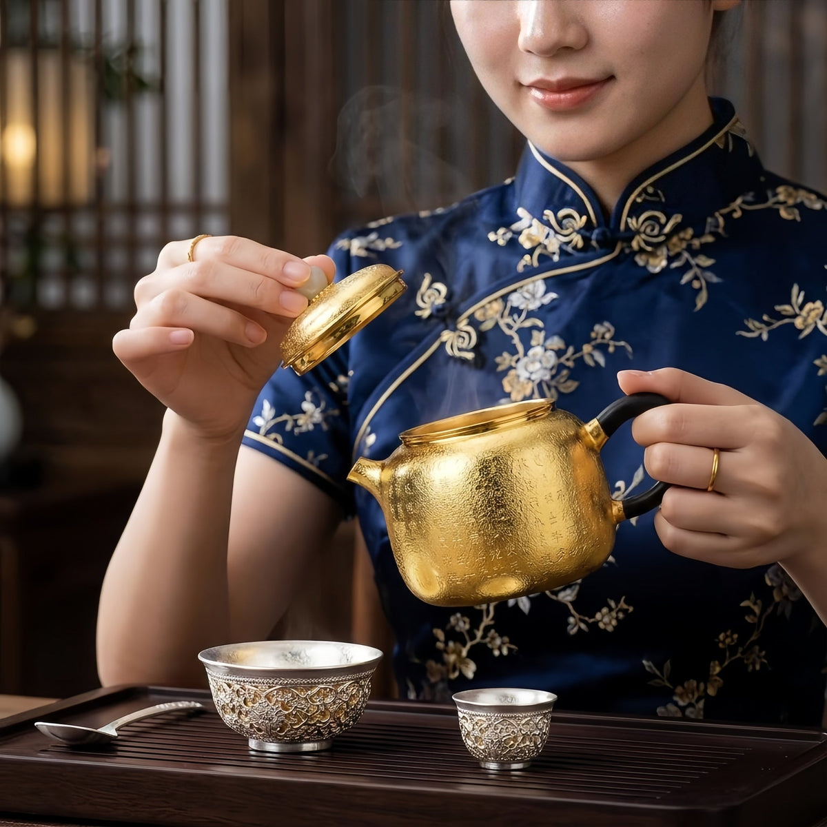 925 Sterling Silver Elegant Engraved Metallic Tea Kettle with Traditional Calligraphy and Smooth Jade Accents - Handicraft