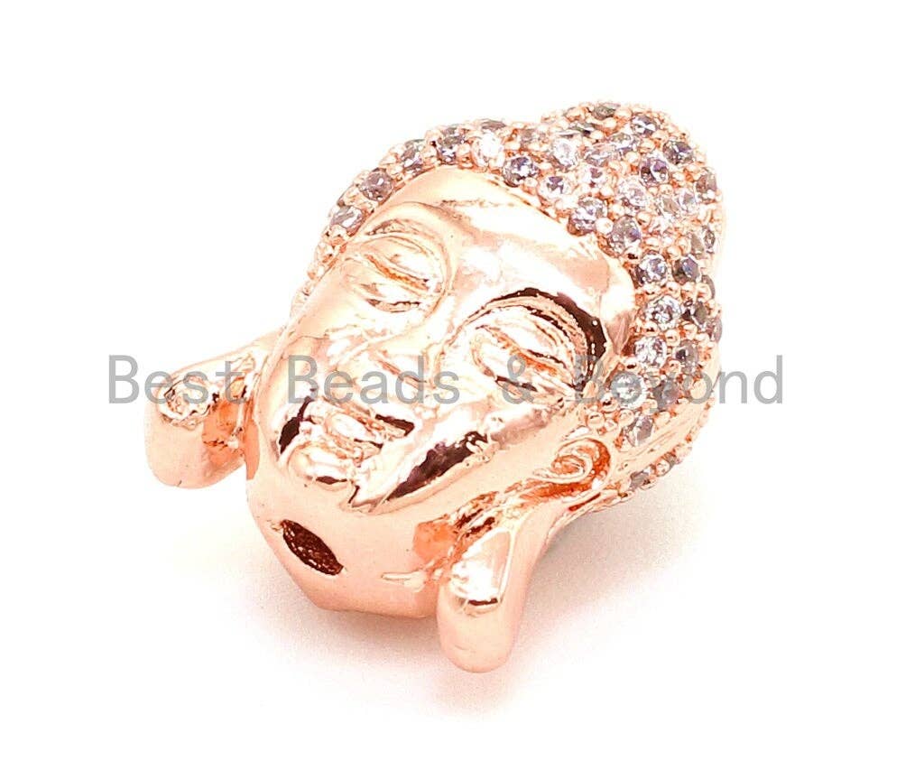 CZ Micro Pave Guanin Buddha Double Face Head Beads, Cubic Zirconia Spacer Bead, Pave Buddha's Head Gold/Silver/Black/Rose Gold, sku#G102