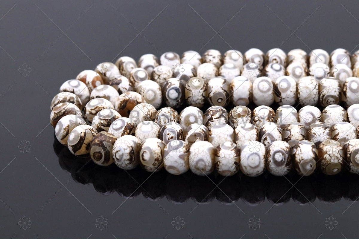 Quality DZI Brown Cream White Agate Beads, Rondelle with Evil Eye Tibetan Agate Beads, 10x14mm Natural Agate,15'' Full Strand, SKU#U1180