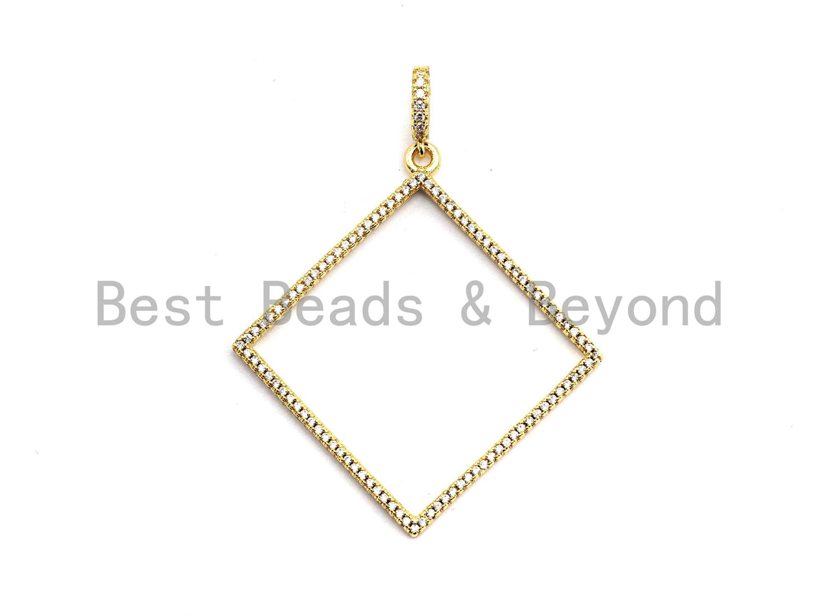 CZ Clear/Black Micro Pave Hollow Out Diamond Shape Pendant, CZ Pave Pendant, Gold/Rose Gold/Silver/Gunmetal, 43x46mm, Sku#F790