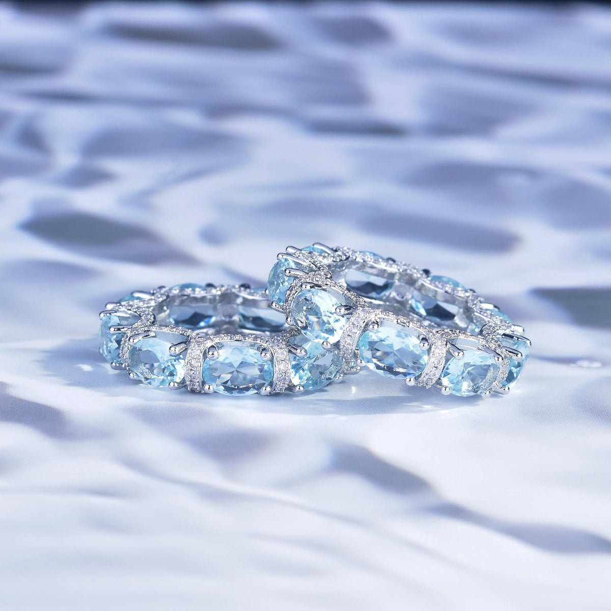 Luxury Oval Cut Aquamarine Eternity Band Ring, Micro Pave Blue Gemstone Stackable Ring For Women