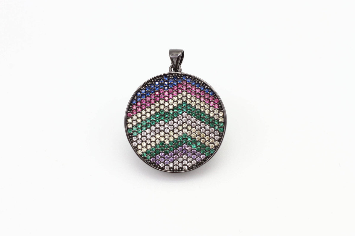 CZ Micro Pave Mixed Color Zigzag Round Disc Pendant, Cubic Zirconia Necklace Pendant, 25x31mm, sku#F3