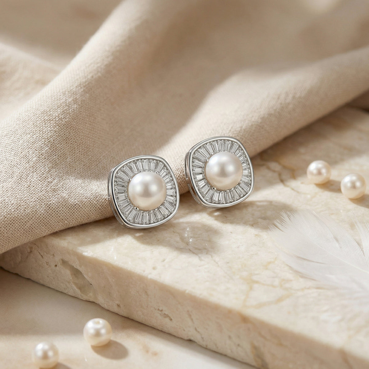 925 Sterling Silver Radiant Pearl and Tapered Baguette CZ Cushion Halo Stud Earrings