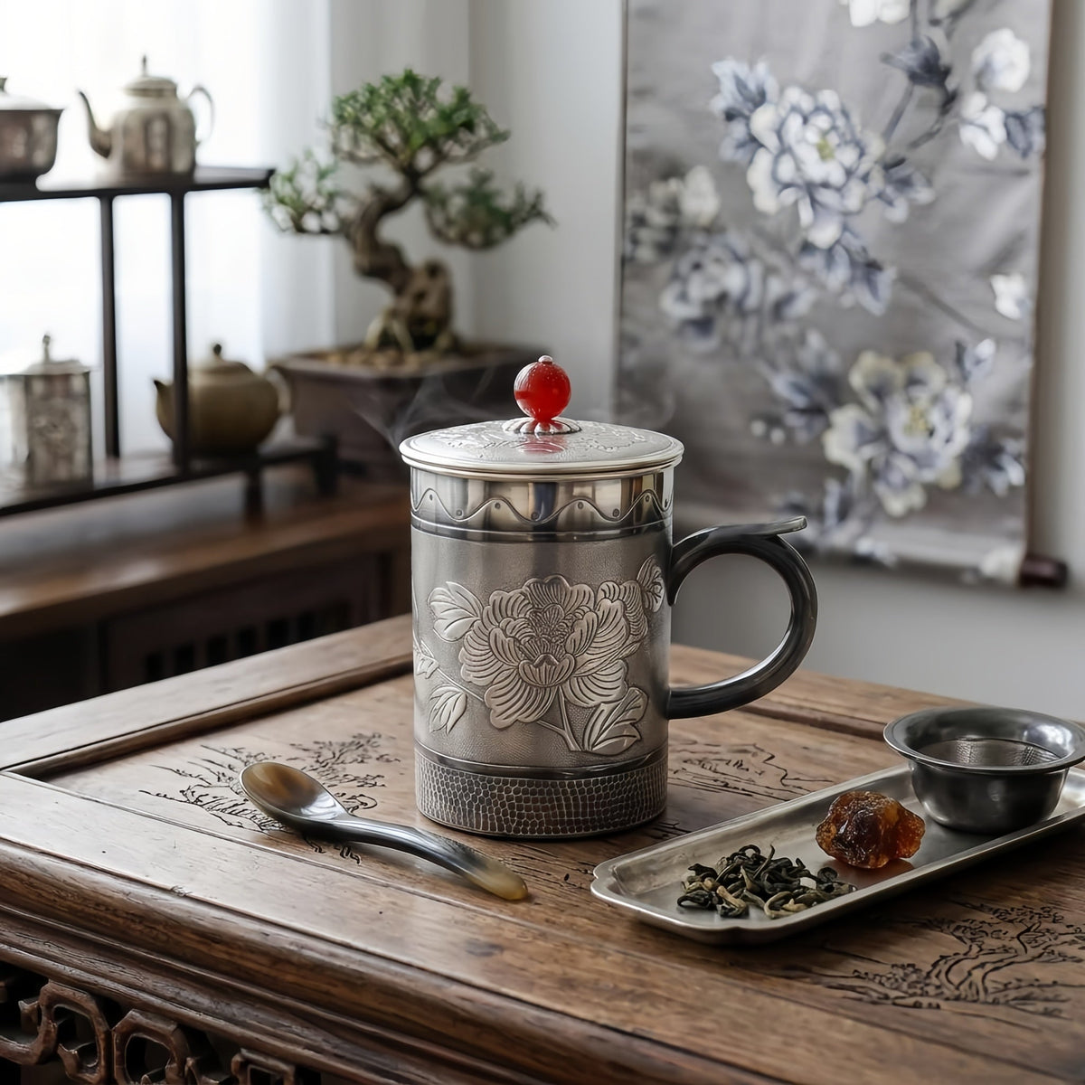 Pure 999 Fine Silver Elegant Silver Peony Engraved Mug with Red Bead Lid and Hammered Base - Handicraft