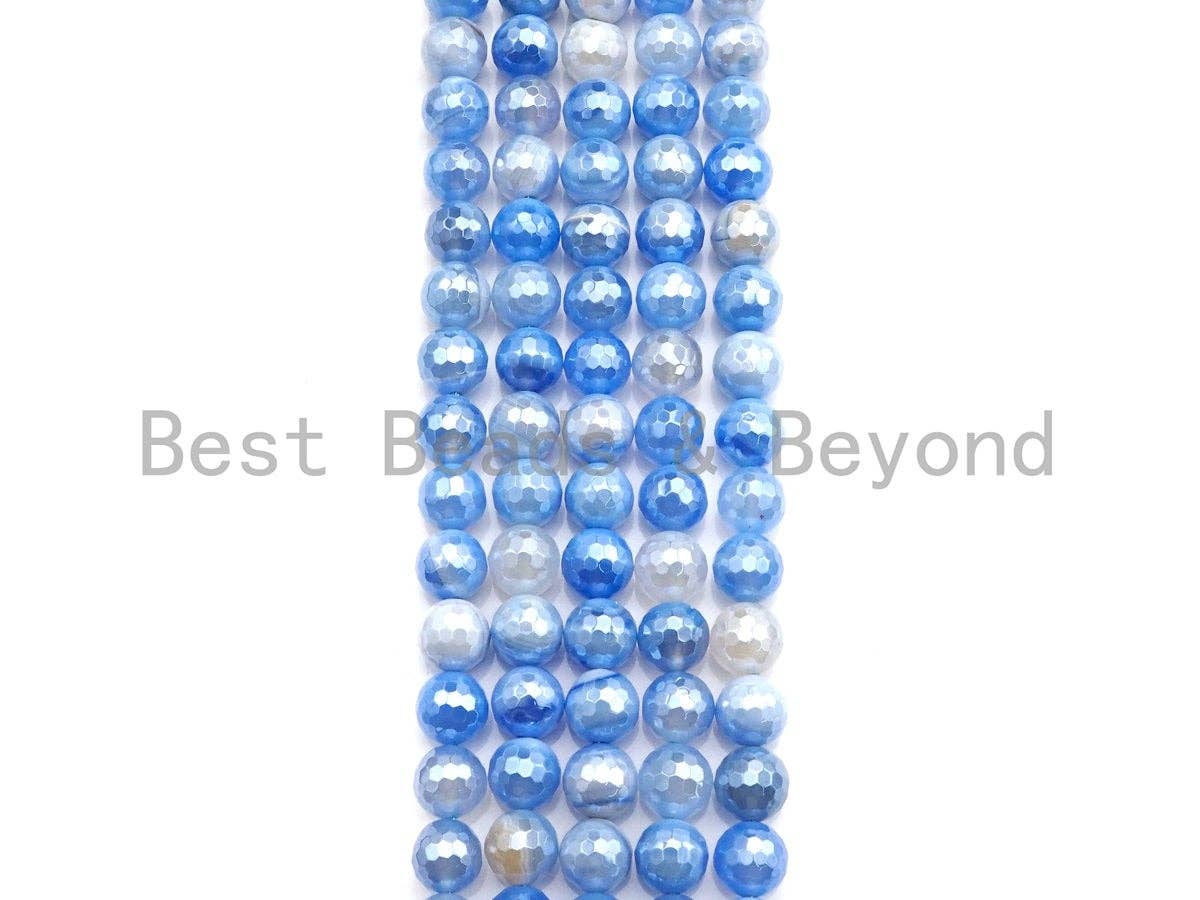 Mystic Plated Faceted Agate Beads,6mm/8mm/10mm, Plated Blue White Banded Agate Beads,15.5" Full Strand, SKU#UA80