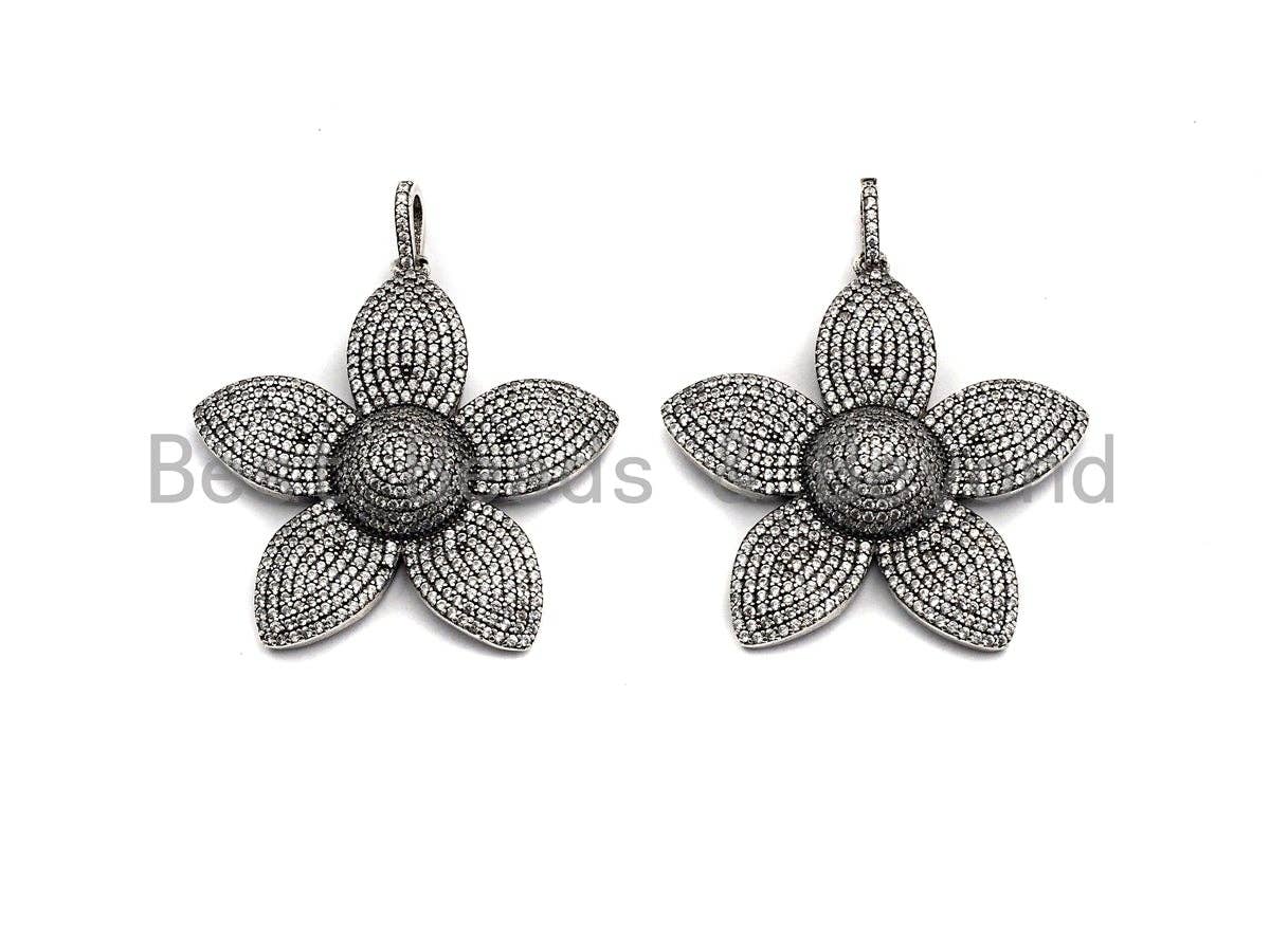 CZ Micro Pave Sakura Flower Pendant, Antique Silver Tone, Clear Cubic Zirconia Big Pave Flower Charm Pendant, 40x41mm,sku#F999C
