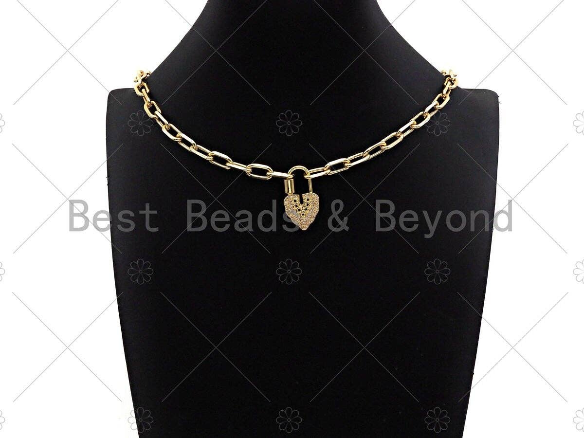 18K Gold Black Clear CZ Micro Pave Leaf Shape Clasp, Fancy Lock Clasp, Heart Shape Clasp,Pave Lock Pendant,17x31mm,sku#K148