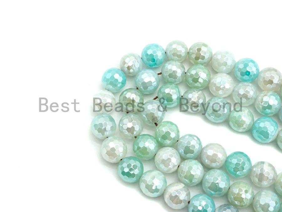 Mystic Plated Faceted Agate Beads,6mm/8mm/10mm/12mm, Ice Blue White Agate Beads,15.5" Full Strand, SKU#U443