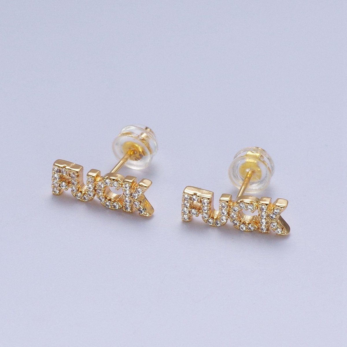 Dainty 16K Gold Filled "FUCK" Script Micro Paved CZ Stud Earrings | AD-273