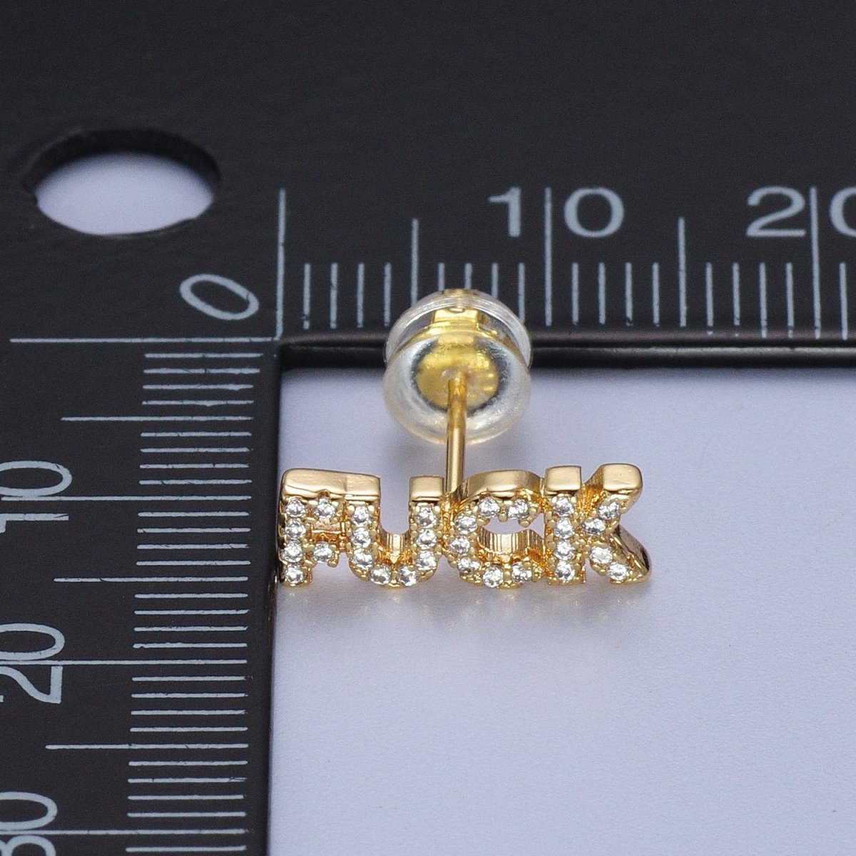 Dainty 16K Gold Filled "FUCK" Script Micro Paved CZ Stud Earrings | AD-273