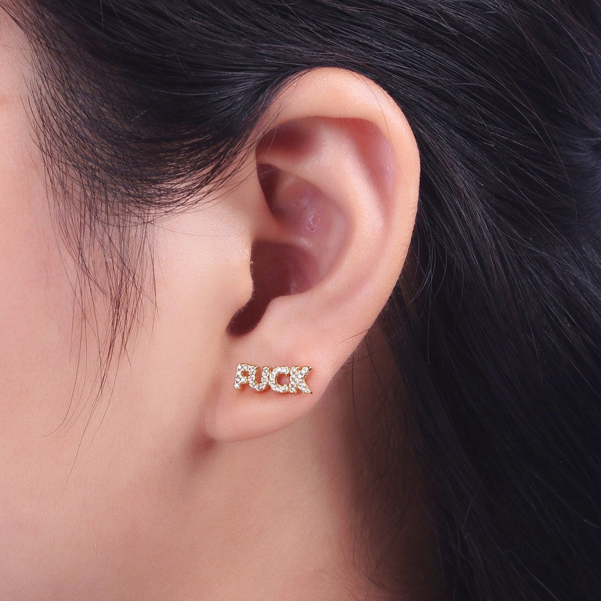 Dainty 16K Gold Filled "FUCK" Script Micro Paved CZ Stud Earrings | AD-273