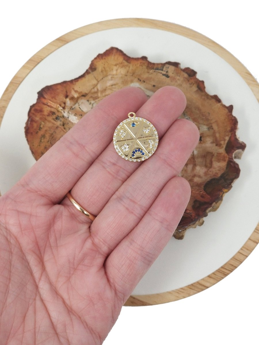 24K Gold Filled Moon Star Heart Evil Eye Micro Paved CZ Medallion Charm | C746