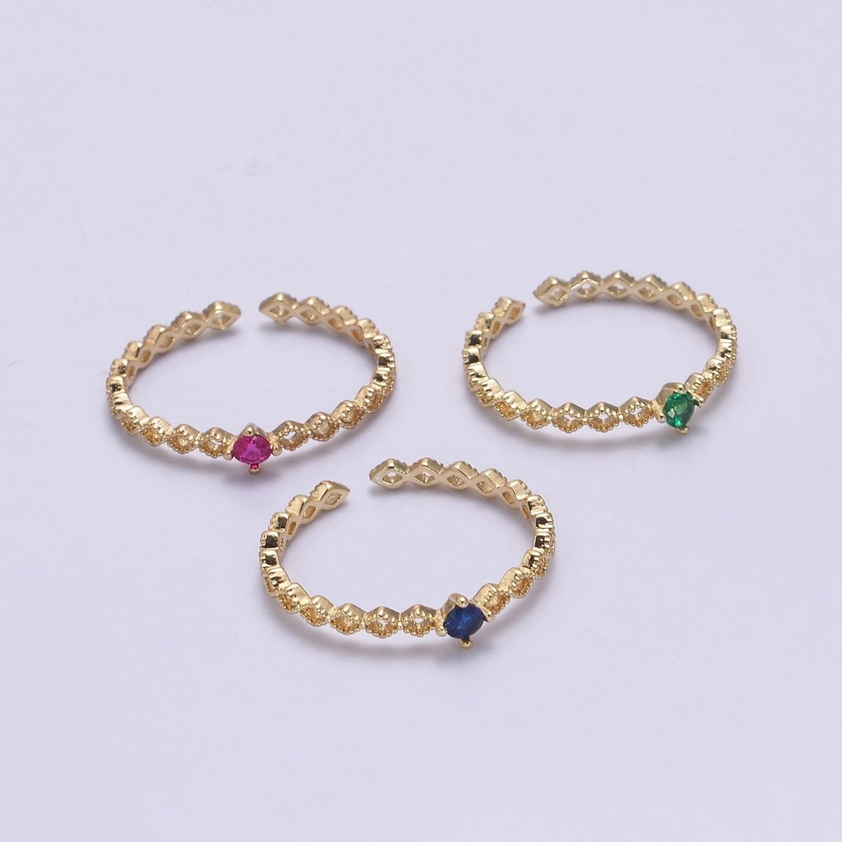 Dainty 24K Gold Filled Rhombus Diamond Beaded Ring with Pink, Blue, Green Crystal Cubic Zirconia CZ Ring S-357 S-358 S-359