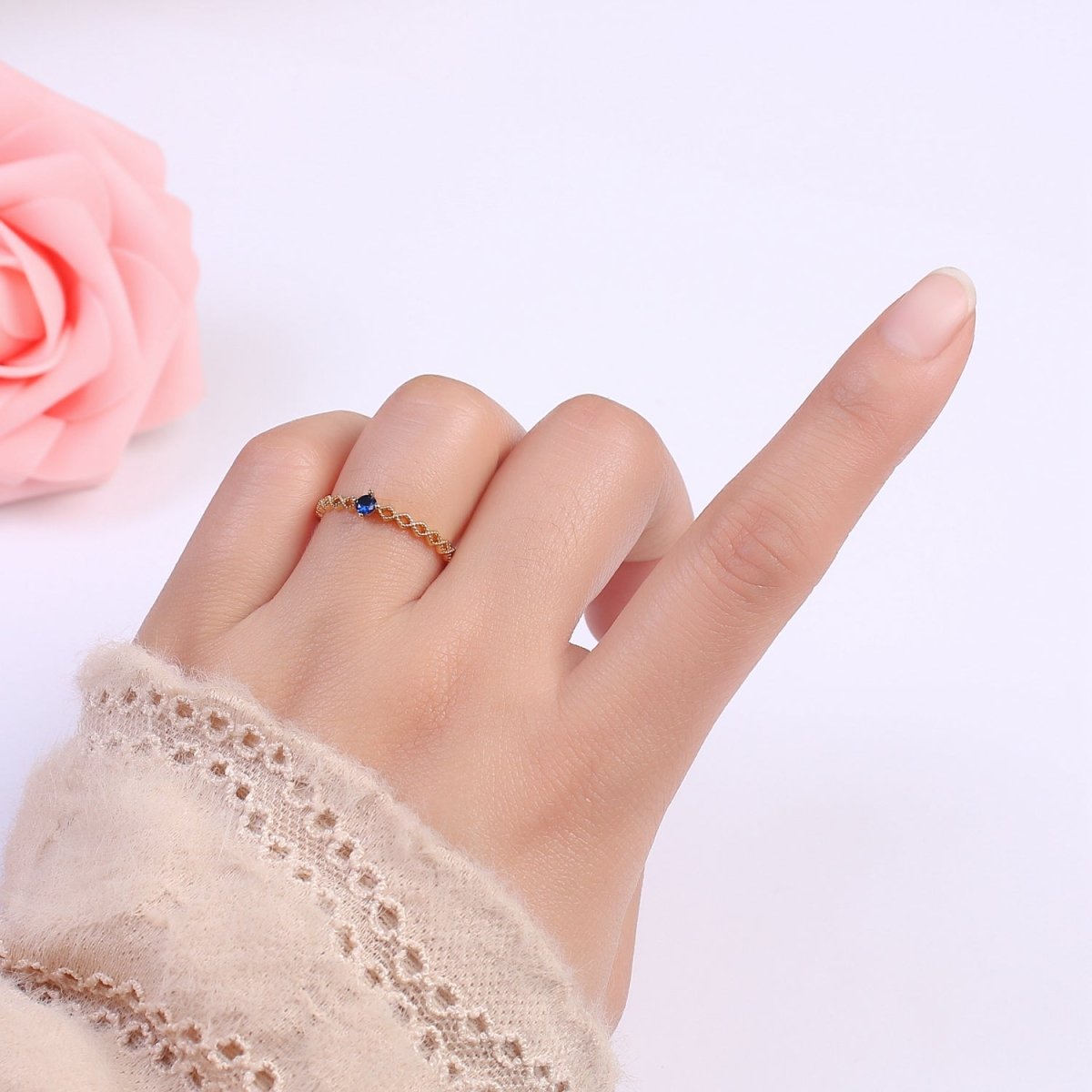 Dainty 24K Gold Filled Rhombus Diamond Beaded Ring with Pink, Blue, Green Crystal Cubic Zirconia CZ Ring S-357 S-358 S-359