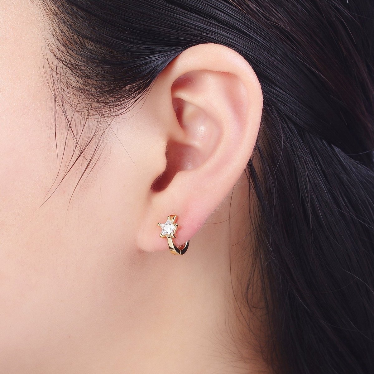 Dainty Celestial Star Cubic Zirconia Gold 12mm Huggie Hoop Earrings Q-161