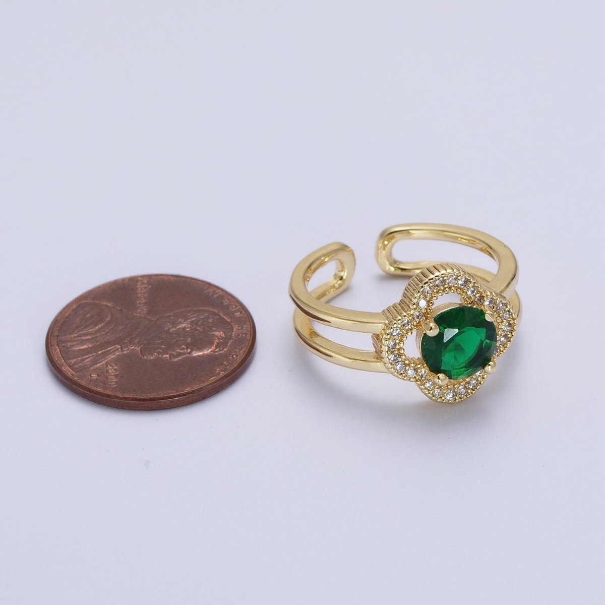 Dainty Clover Ring for Women, Emerald Green Cubic Zirconia Lucky Ring for Women Open Adjustable Ring R-204