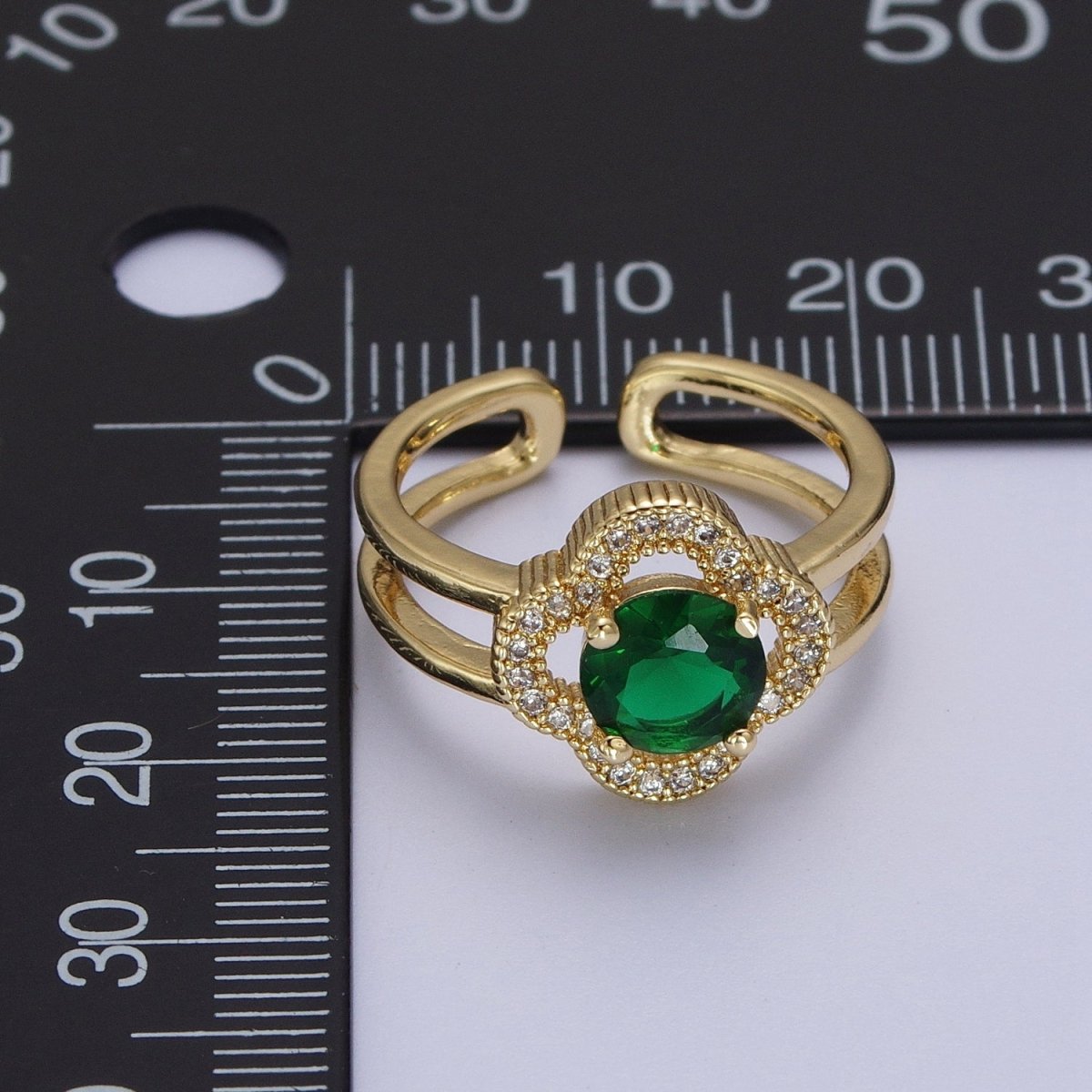 Dainty Clover Ring for Women, Emerald Green Cubic Zirconia Lucky Ring for Women Open Adjustable Ring R-204