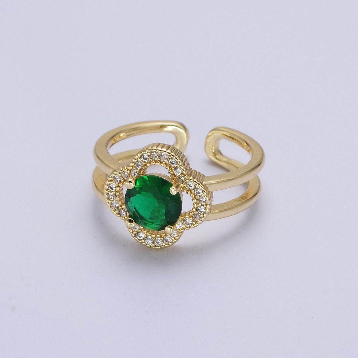 Dainty Clover Ring for Women, Emerald Green Cubic Zirconia Lucky Ring for Women Open Adjustable Ring R-204