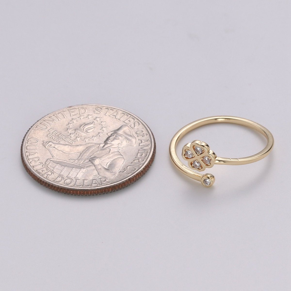 Dainty clover Ring Gold Quatrefoil CZ stackable ring Gold Small floral Minimalist Ring gift for her Open Adjustable Ring for Christmas R-110