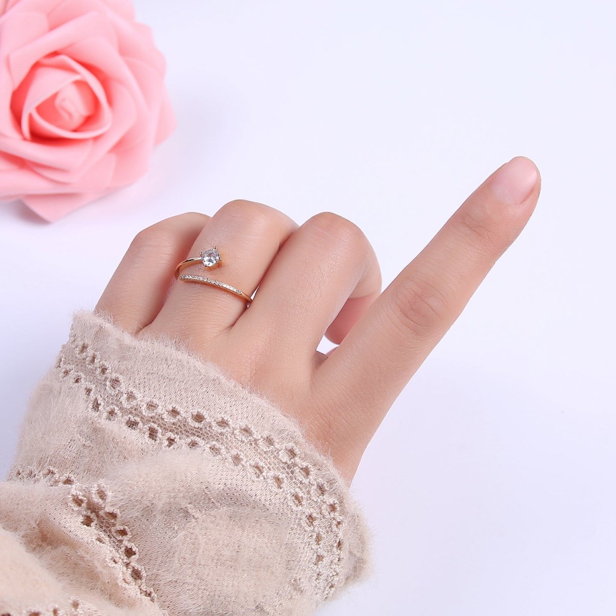 Dainty Crystal Zirconia CZ Stone Open Ring, Minimalist 16K Gold Filled Promise Ring, Adjustable Open Stacking Ring For Valentine Anniversary | U-422