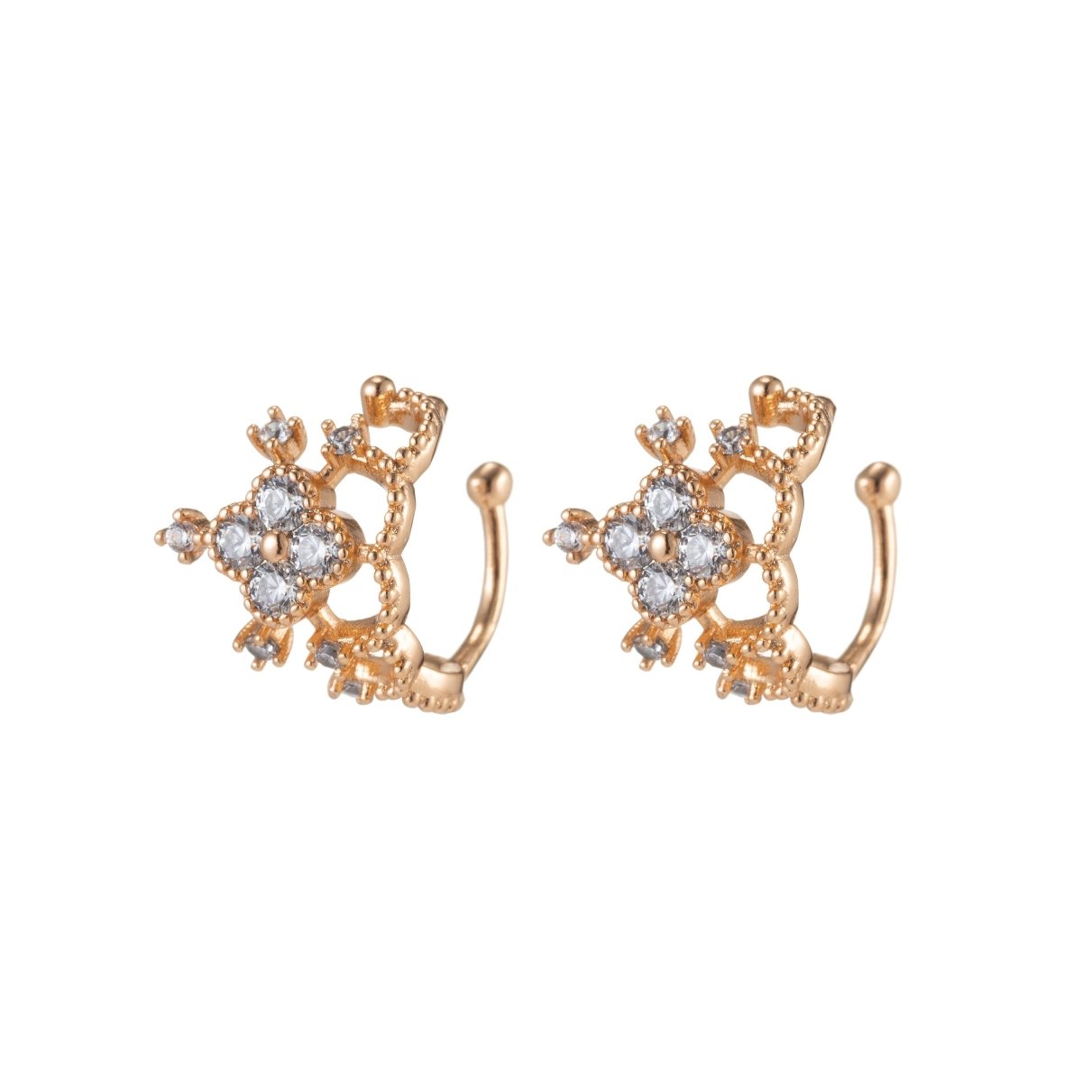 18K Gold Filled Clear CZ Flower Quatrefoil Ear Cuff Earrings | AI033